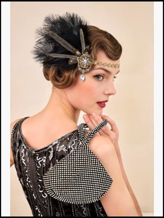 Feather Headband 1920s Flapper Great Gatsby Rhinestone Elastic Handmade Vintage main image 4